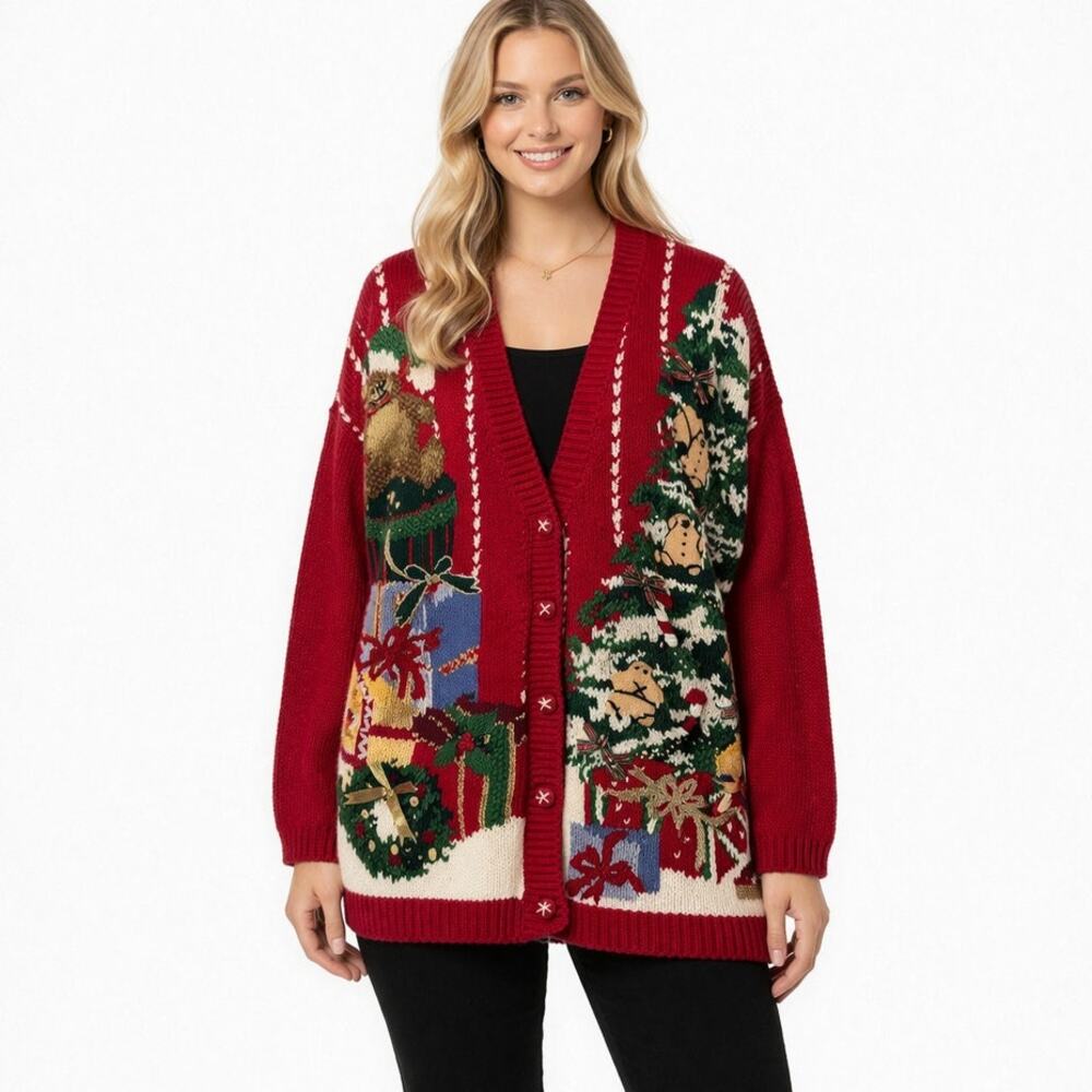 Vintage 1997 Tiara Int'l Christmas Tree Teddy Bear Cardigan Sweater Size large